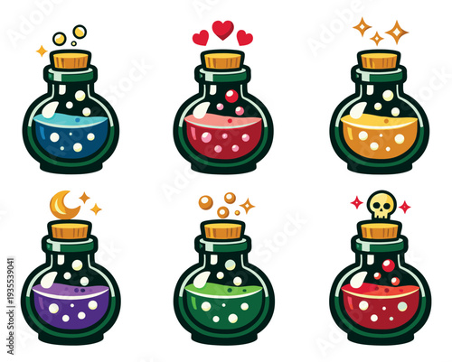 Cute cartoon potion bottles set featuring different magical effects for fantasy games and designs