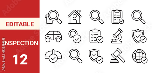 Inspection web icons line style. Evaluation, report document, magnifier, quality check, risk analysis, control, auditor, paper,