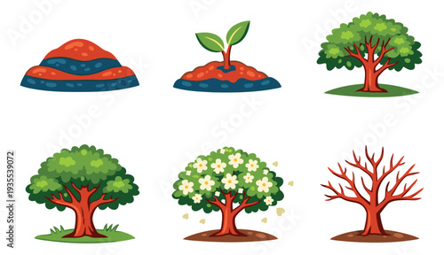 Colorful cartoon tree growth set featuring development stages from sprout to mature and leafless trees for nature education