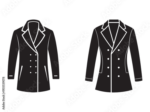 Two black coat silhouettes with white outlines and buttons on a white background  coat styles and designs for fashion and clothing concepts