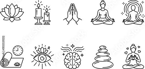 Yoga Meditation and Spiritual Wellness Line Icon Set with Lotus, Prayer Hands, Candle, Zen Stones, Brain Mindfulness and Relaxation Symbols