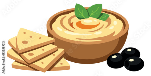 Clip art mediterranean food set featuring hummus, pita bread, and black olives for a healthy snack