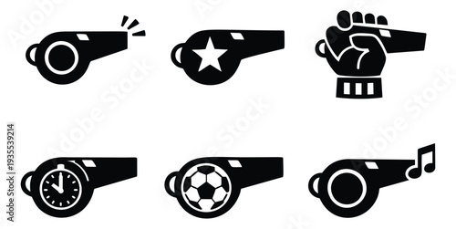 Solid icon whistle set featuring alert, sports, time, and music elements for various signaling and activity concepts