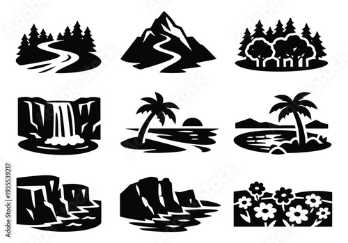 Bold graphic icon nature and landscape set featuring mountains, forests, waterfalls, beaches, and cliffs for environmental and travel designs