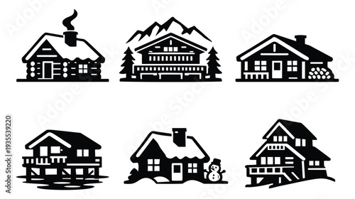 Stylized mountain cabin set featuring various cozy chalets and lodges for winter holidays
