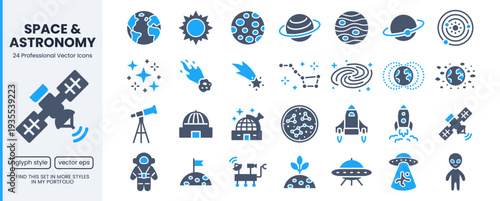 Astronomy glyph icon set. Space planet, Earth, moon, sun, galaxy, rocket astronaut, alien minimal vector pictogram. Flat illustration for science, cosmos exploration, and solar system mission design.