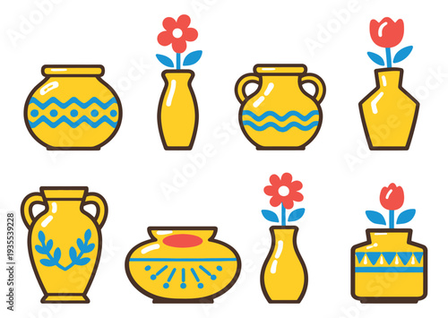 Colorful graphic vases set featuring different shaped vases with decorative patterns and flowers for home decoration and design elements
