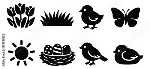 Minimalist spring nature icon set featuring chicks, tulips, and easter eggs for spring and easter designs