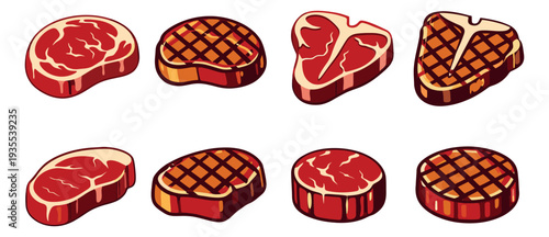 Cartoon steak set featuring different kinds of raw and grilled beef steaks for menu design or food promotion