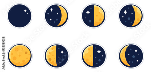 Modern graphic moon phases icons set featuring the various stages of the lunar cycle for astronomy and celestial design