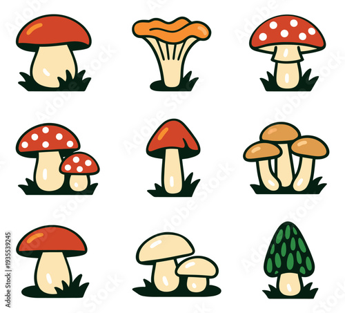 Cartoon line art mushroom set featuring diverse fungi in different shapes and colors for forest and nature-themed designs
