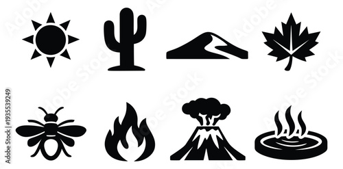 Simple glyph nature icons set featuring sun, cactus, dune, leaf, bee, fire, volcano, and hot spring for environmental concepts