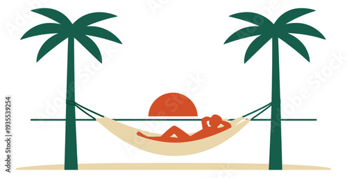 Minimalist illustration of a person relaxing in a hammock depicting tropical sunset for summer vacation