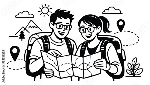 Line art illustration of two hikers depicting navigating with a map for an adventure