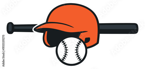Stylized baseball equipment set featuring a batting helmet, bat, and ball for sports branding and design