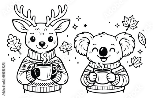 Hand drawn line art cute animal set featuring a deer and a koala wearing sweaters and holding hot drinks for autumn and winter season