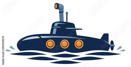 Stylized illustration of a submarine depicting sailing on water for marine concepts