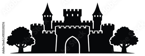 Silhouette illustration of a castle depicting a medieval fortress with trees for fairytale concepts