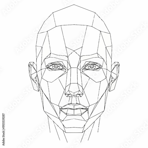 Geometric Human Face Wireframe Drawing on White Background.