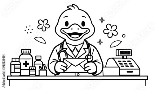 Hand drawn line art illustration of a duck pharmacist depicting working at a pharmacy for healthcare