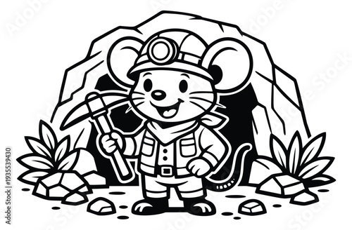Hand drawn line art illustration of a mouse character depicting a miner holding a pickaxe at a cave entrance for children's stories