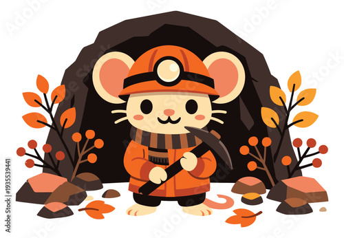 Cute cartoon illustration of a mouse miner depicting a little animal with a pickaxe and hard hat for autumn exploration