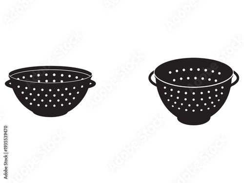 Two black colanders with holes and handles on a white background  kitchen utensils for draining food