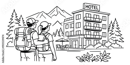 Hand drawn line art illustration of a couple of tourists depicting their arrival at a mountain hotel for a travel and vacation concept