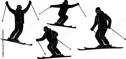 Set of Skiing Silhouette Icons Featuring Skier People Jumping and Sliding Isolated on White Background for Winter Sports and Resort Design