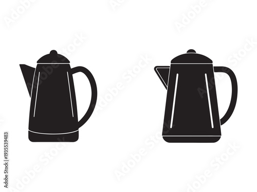 Two black coffee pots with lids and handles side by side on white background