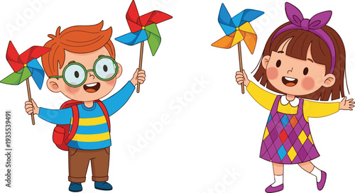 Children Playing with Colorful Pinwheels, Happy Kids Holding Spinning Toys in a Fun Outdoor Activity