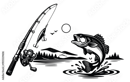 Line art fishing scene set featuring a bass fish jumping and a fishing rod for outdoor sport design