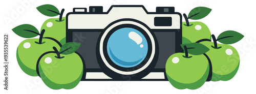 Flat design line art illustration of a camera and green apples depicting a fresh food photography concept for healthy eating promotion