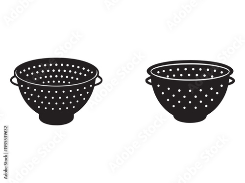 Two black colanders with white dots on white background  kitchen utensils for draining food