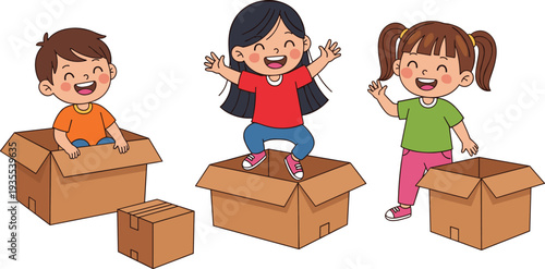 Children Playing and Having Fun with Cardboard Boxes, Joyful Kids in Colorful Clothing