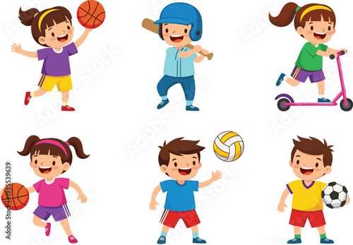 Active Children Playing Sports, Basketball, Baseball, Volleyball, Scooter, and Soccer Illustration
