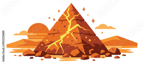 Modern flat illustration of a desert pyramid depicting cracks with glowing energy for ancient mystery and discovery
