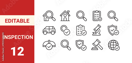 Inspection web icons line style. Evaluation, report document, magnifier, quality check, risk analysis, control, auditor, paper,