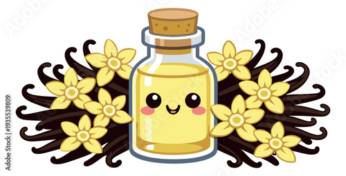 Cute cartoon vanilla illustration set featuring a happy extract bottle, vanilla beans, and flowers for food, dessert, aromatherapy, and cosmetic design