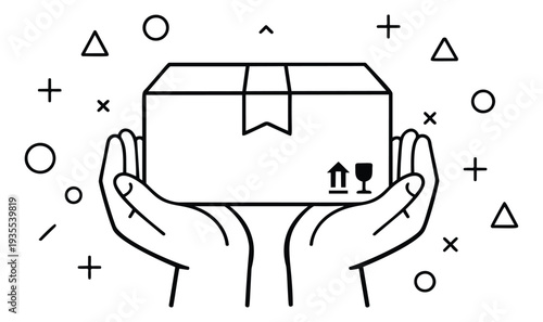 Line art illustration of hands holding a cardboard box depicting secure delivery for online shopping
