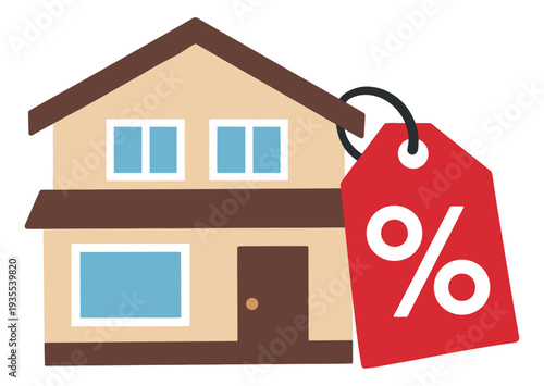 Simple illustration of a house depicting a percentage symbol on a price tag for real estate deals