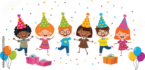 Children’s Birthday Party Celebration with Colorful Balloons, Gifts, and Party Hats, Fun Kids' Event Illustration
