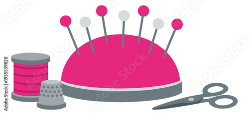 Modern flat design sewing tools set featuring a pin cushion, thread, thimble, and scissors for tailoring and craft projects
