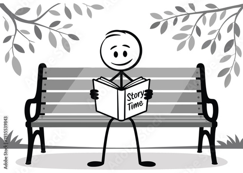 Stick Figure Reading Story Time Book on Park Bench Illustration isolated on transparent background