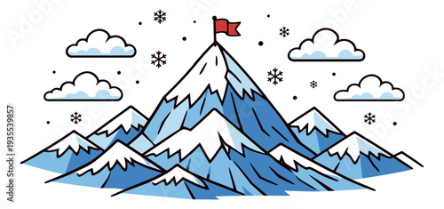 Simple line art illustration of a mountain peak with a flag depicting achieving a goal for business success concept