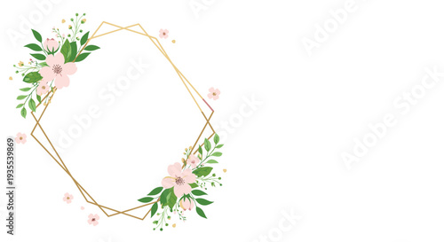 Beautiful floral hexagon frame with pink blossoms and green leaves creates an elegant border on a clean white background.