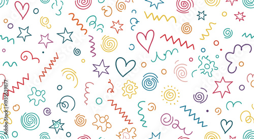 Seamless pattern features a playful collection of hand drawn colorful doodles including hearts stars swirls and zigzags on white.