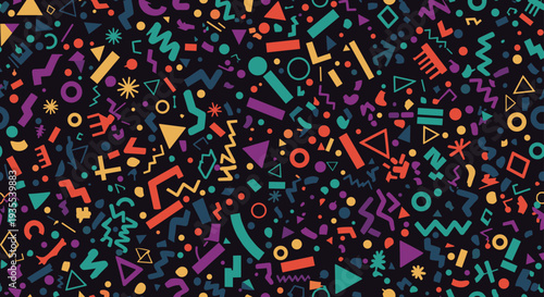 Vibrant Memphis style seamless pattern showcases various colorful geometric shapes scattered across a dark black background.