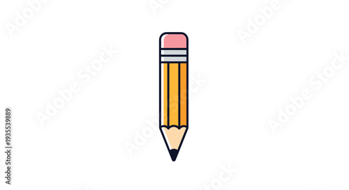 Minimalist flat illustration of a yellow wooden pencil with a pink eraser stands vertically on a plain white background.