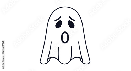 Cute cartoon ghost with a surprised expression and open mouth is drawn in a simple outline style on a white background.